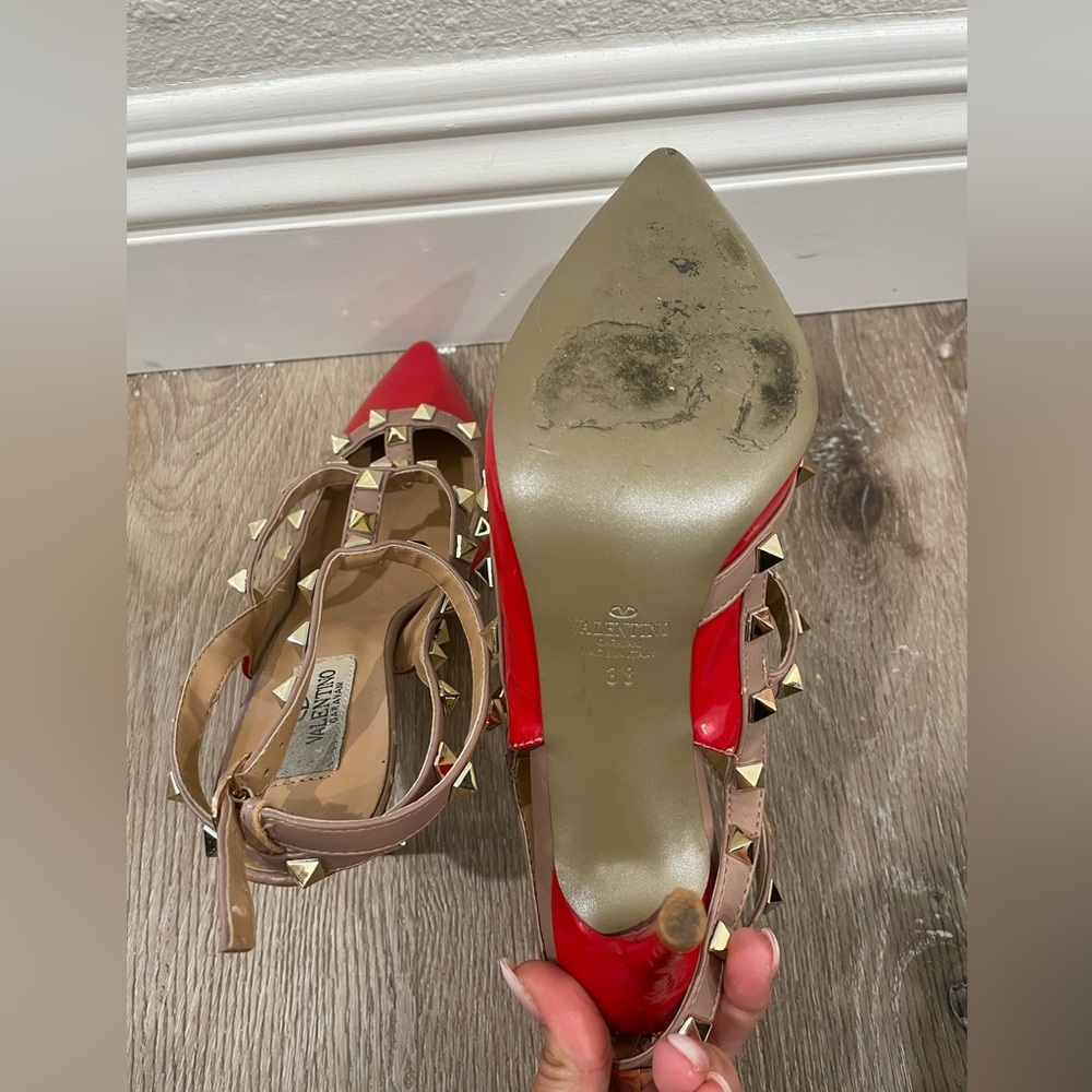 Valentino Garavani Red Patent and Nude Rockstud T-Strap Pumps - Picture 13 of 16